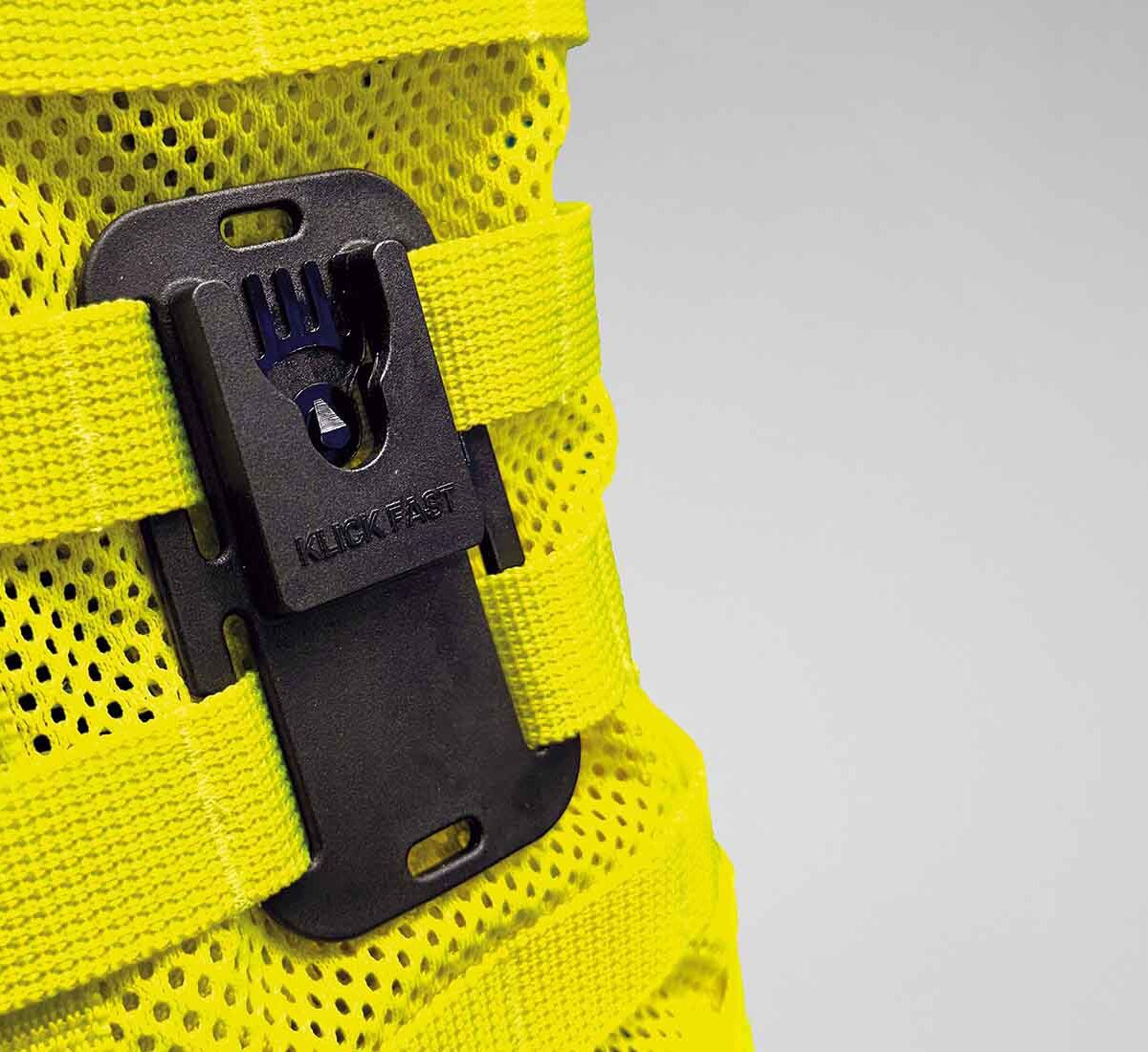 Klick Fast Quad MOLLE Dock attached to Hi-Vis Yellow MOLLE Vest