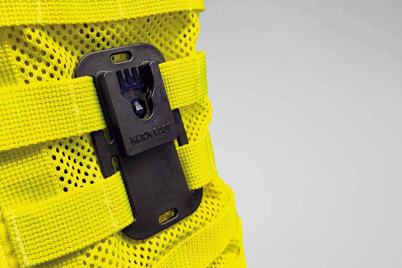 Klick Fast Quad MOLLE Dock attached to Hi-Vis Yellow MOLLE Vest